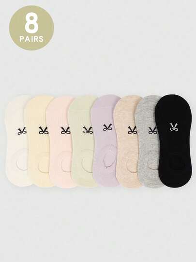 8 双女士休闲蝴蝶结印花船袜，隐形袜，柔软，吸湿排汗，防滑，透气网眼船袜，隐形袜适合日常穿着