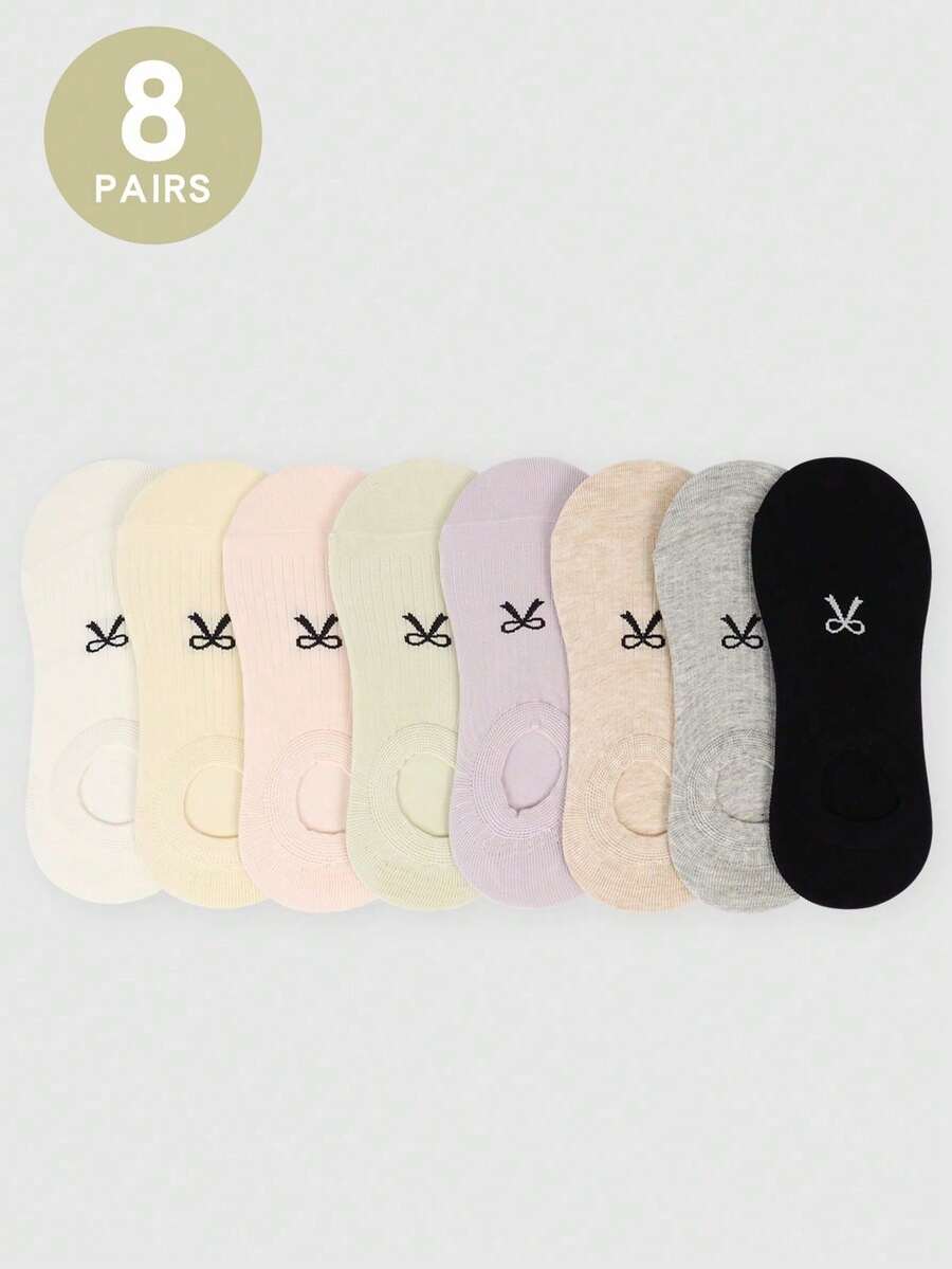 8 双女士休闲蝴蝶结印花船袜，隐形袜，柔软，吸湿排汗，防滑，透气网眼船袜，隐形袜适合日常穿着 - 彩色 - 查看 1