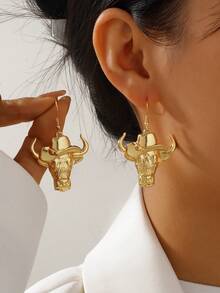 1 Pair Western Cowboy Gothic Punk Vintage Unique Bull Head Metal Stud Earrings, Versatile For Daily Commute, Office, Casual Gatherings, Parties, Matching Outfits, And Sisterly Meetups - Hat Bull Head - View 2