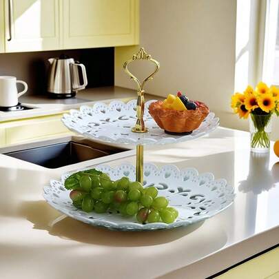 2-Tier Plastic Serving Stand With Golden Handle Elegant Carved Design Party Dessert Fruit Tray For Snacks & Afternoon Tea