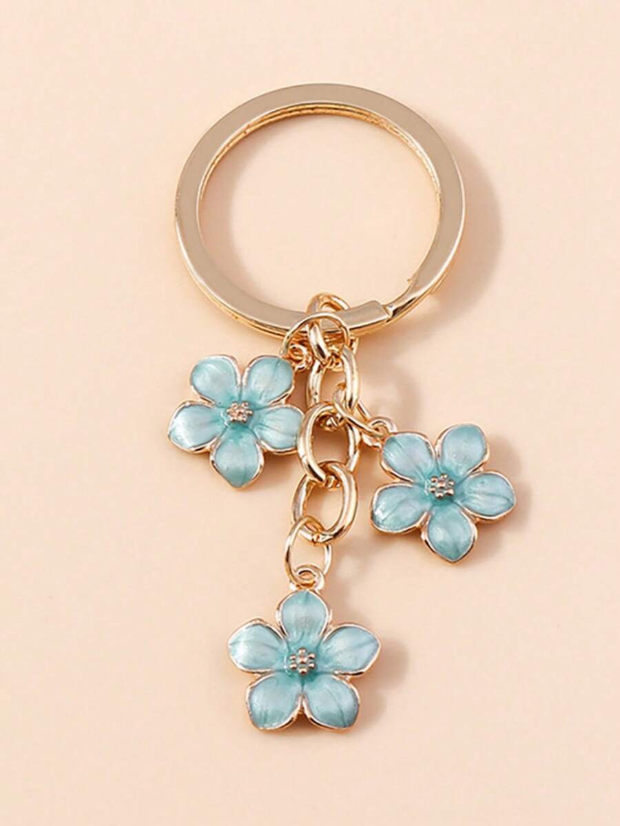 1pc Unisex Alloy Flower Pendant Keychain Phone Case Earphone Case Bag Charm Keyring Accessory Summer Floral - Blue - View 1