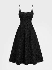 Floreya 优雅纯色法式高端优雅轻盈连衣裙，收腰修身细肩带中长连衣裙，黑色 - 黑色 - 查看 2