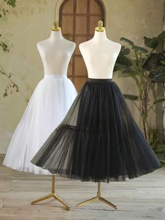 1pc Women High Waist Black/White Tiered Mesh Skirt, Custom Moon Shaped Elasticated Waist, Double-Layer Tulle, 90cm Length, Can Be Worn Outerwear, Pleated, Full Skirt, Lolita Style Decor Tulle Skirt, Suitable For Bridesmaids, Weddings, Parties, Stage Performances, Dance Performances, All Season