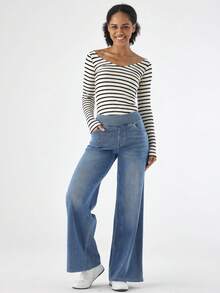 Pull On Wide Leg Jeans For Women, High Waisted Stretchy Baggy Tummy Control Straight Leg Jeans Denim Pants