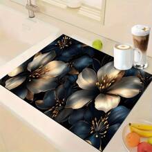 1 pieza Felpudo de secado de platos con estampado floral, alfombrilla absorbente, almohadilla de drenaje para cafetera, utensilios - Protector de superficie de mesa de poliéster, decoración de encimera de cocina, individual para barra y mesa de comedor en el hogar