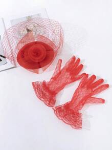 1pc Women's Vintage Red Rose Mesh Fascinator Hat, Fashionable Mesh Gloves, For Evening Party Modeling Show Performance And Decoration Valentine's Day Valentines