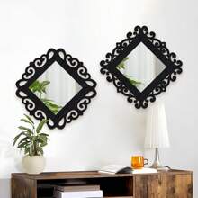 1/2pcs Vintage Square Wall Decor Mirror, Hollow Floral Pattern Mirror Wall Hanging Decor With Wooden Frame, Multiple Colors Available For Living Room, Bedroom, Dining Room, Bathroom, Unique Decorative Mirror, Distinctive Gift For Birthday, Holiday, Graduation, Mother's Day