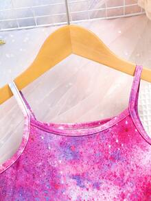 1 件女童可爱休闲彩色独角兽印花柔软防褪色细肩带连衣裙，春夏 - 玫紅色 - 查看 3