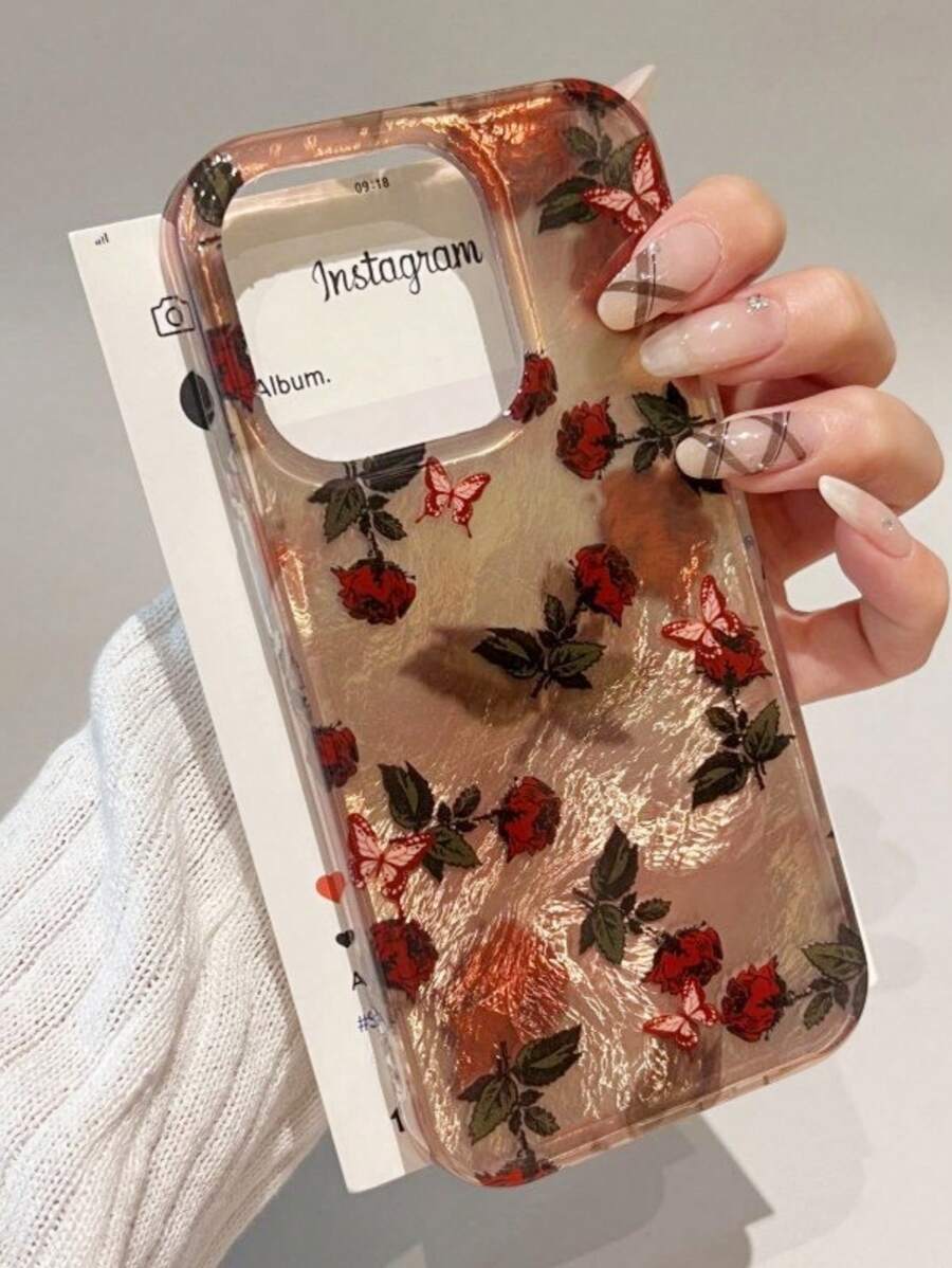 Funda de teléfono con protección de Body completo, de alta calidad, con proceso IMD, con patrón de mariposa y rosa en estilo retro y artístico, adecuada compatible con iPhone 16/15/15 Pro/15 Pro Max/14/13/12/11/X/7/8