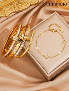 1/5 PCS Stackable Exquisite And Fashionable Stainless Steel Four Leaf Flower Embossed+Four Leaf Flower Nail Bracelet Bracelet Set, Suitable For Giving To Mothers/Best Friends/Lovers Valentines - Gold - View 1