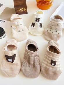 5Pairs Women's Bear&Floral Pattern Invisible Socks Sneaker Socks For Daily Wear,Suitable For Spring&Summer - Multicolor - View 8