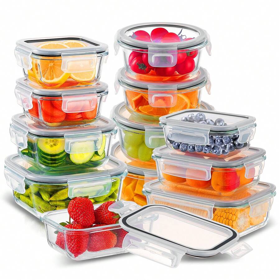 24 Pcs Glass Food Storage Containers With Lids, Glass Meal Prep Containers, Glass Storage Containers, Lunch Containers, Black - màu đen - Xem 1