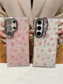 Spring INS Sweet Pink Floral Butterfly Aurora Gradient Shell Pattern Phone Case Compatible With Samsung Galaxy S25 S24 Ultra Plus S23Ultra S25Ultra Luxury Shiny Glitter Camera Lens Bracket Protect Hard Back Cover - Hồng - Xem 2