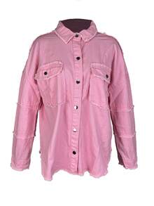 Chaqueta vaquera de botones lavada con agua para mujeres, chaqueta vaquera con bolsillo volcado, manga larga suelta y relajada, chaqueta retro, chaqueta de moda de otoño - Rosa - Ver 7