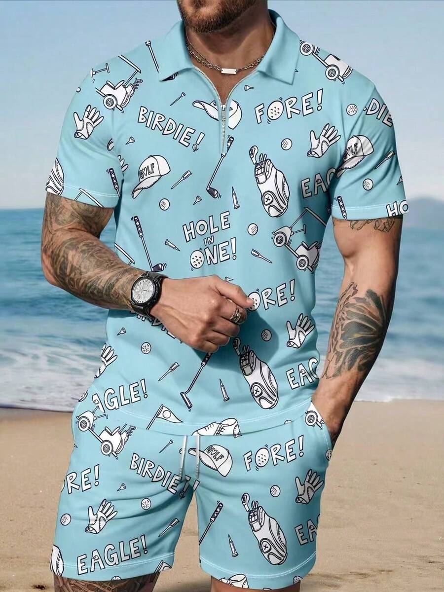 Bộ đồ nam gồm áo polo khóa kéo và quần short dây rút in họa tiết ngộ nghĩnh, phong cách nghỉ dưỡng thường ngày. - Nhiều màu - Xem 1