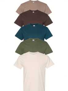 5-Piece Set, 100% Cotton T-Shirt, Men's Classic Solid Color Short Sleeved T-Shirt - Multicolor - View 1