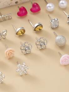 1 Set Of 30 Pairs Of Stud Earrings Set Ladies Faux Pearl Heart Artificial Crystal Pink Girl Flower Letter Butterfly Snowflake Holiday Gift Earrings Valentines,Mom,Mother,Mother's Day,Gift - Multicolor - View 10