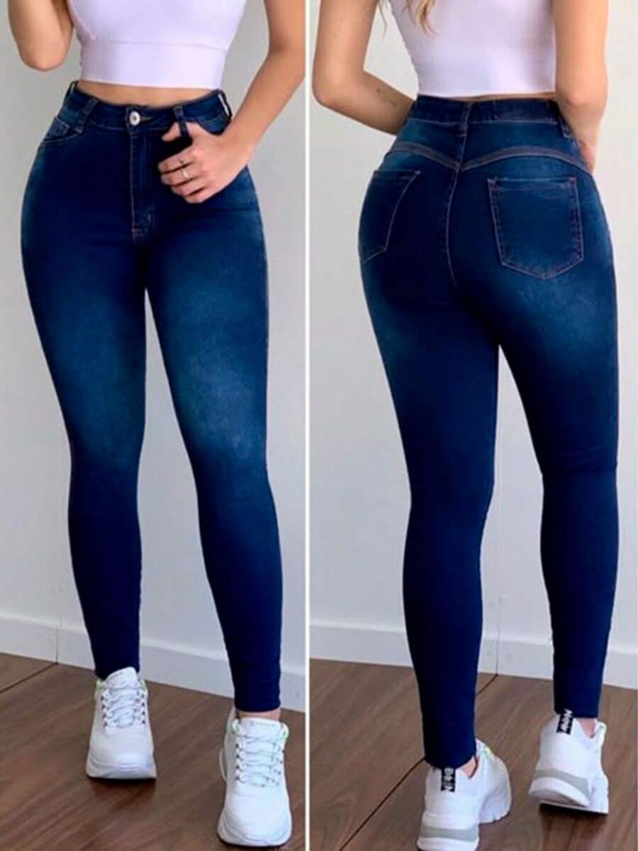 Premium Softened Jeans With High Waist, Shapewear, Butt Lift And Lycra - Xanh đậm - Xem 1