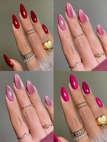 98片（4种混合款式）Y2K长杏仁形亮面美学血红色水晶猫眼亚克力按压式美甲贴纸，短杏仁形美甲设计，完美贴合美甲套装，包含：1瓶果冻胶和1个指甲锉，红色、粉色、火红色猫眼美甲，适合女性和女孩日常佩戴，也适合锐舞派对和其他场合。美甲用品 - 彩色 - 查看 2