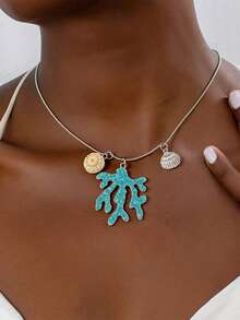 1pc Ocean Style Resort Original Charm Jewelry Coral Shaped Women Pendant Necklace, Metal Shell, Suitable For Women Dating, Party, Vacation, Daily Wear And As A Gift - Royal Blue - View 1