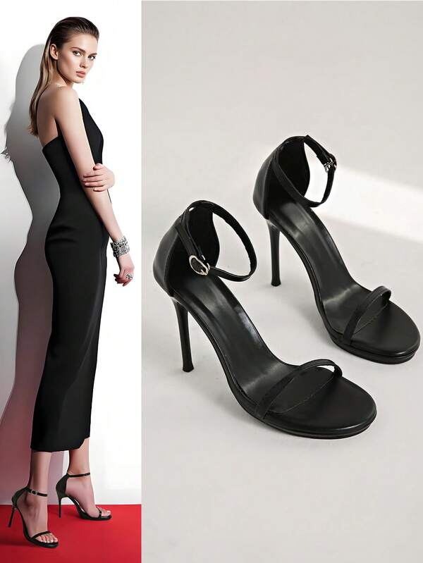 Women's Strap Solid Color Sandals, Run Small Half Size, Thin High Heel, Black High Heel Sandals, High Heel Sandals, Super High Heel, Waterproof Platform, Classic Versatile, Suitable For Denim, Skirt, Suitable For Evening Party, Vacation, Casual, Beach