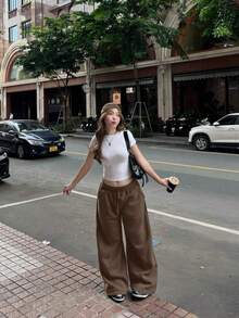 VIBEWAVE Elastic Drawstring Oversized Thin Knit Casual Street Pants, Spring/Summer - Khaki - View 7
