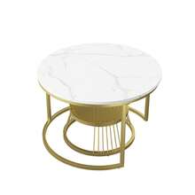 2er Set Nesting Couchtische,Runder Couchtisch für Wohnzimmer,Couchtisch aus Holz mit Metallrahmen,Weiße Tischplatte - Gold - Übersicht 11