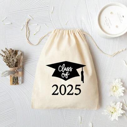 10 个/包米色印花毕业帽抽绳礼品袋，毕业礼品包装袋，印有 2025 年毕业帽图案，适合毕业派对和主题派对