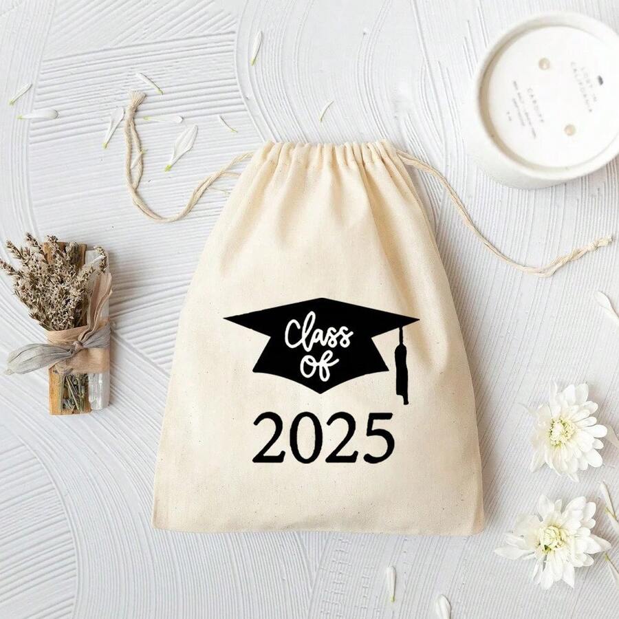 10 个/包米色印花毕业帽抽绳礼品袋，毕业礼品包装袋，印有 2025 年毕业帽图案，适合毕业派对和主题派对