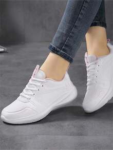 女士时尚休闲运动鞋，耐脏且易于清洁的简约鞋，防滑系带跑鞋 - 白色 - 查看 4