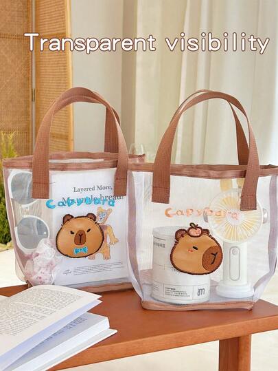 Nueva bolsa de playa de malla con diseño de capibara, diseño de dibujos animados lindos, bolsa de playa de gran tamaño para piscina, esencial para vacaciones, bolsa de almacenamiento de libros