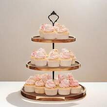 1 pieza Soporte de madera para 2/3 niveles de magdalenas, bandeja de servir escalonada, torre de magdalenas de madera redonda, soporte de exhibición de postres, soporte para galletas y dulces, decoraciones para fiestas navideñas y de vacaciones, accesorios navideños, utensilios de cocina