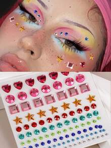 1pc Colorful 3D Geometric Star Square Heart Rhinestone Face Stickers For Women, Y2K Daily Makeup, Festival Gift, DIY Music Festival Party Prom Face And Body Decor - Multicolor - View 1