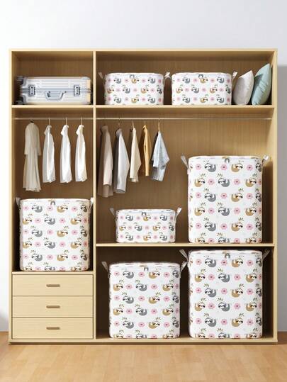 1PC 衣物收纳盒家用大容量衣柜衣物分类盒折叠袋防尘收纳篮升级加强型提手加厚防水面料双面顺滑拉链适用于居家收纳仓库收纳卡通图案