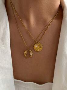 Monlansher 原创新款女士项链，不锈钢蛇骨链配圆形月亮和星星吊坠，手工制作，带宝石装饰，时尚简约，百搭日常佩戴