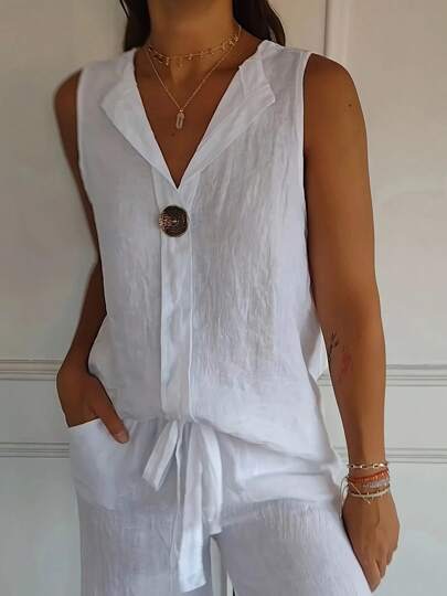 Débardeur décontracté à col V unicolore pour femmes, été