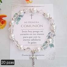 Pulseras ajustables Recuerdo Primera Comunión Cristal y Perla Blanca con bolsita de celofán - BLANCO 20PIEZAS - Ver 1