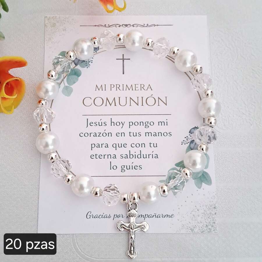 Pulseras ajustables Recuerdo Primera Comunión Cristal y Perla Blanca con bolsita de celofán - BLANCO 20PIEZAS - Ver 1