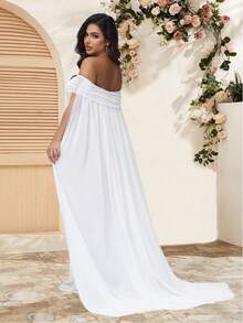 JustVH Maternity Elegant Mesh Off-Shoulder Dress For Baby Shower, Cloak Maxi Women Outfit