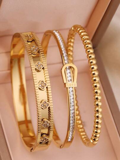 时尚18K镀金不锈钢四叶草钉子手链，适合女性派对、日常佩戴、欧美风格、个性、大方、奢华的方晶锆石腕带、婚礼首饰套装、送给女孩、女士、亲戚、朋友的礼物、美丽的婚礼、生日、情人节