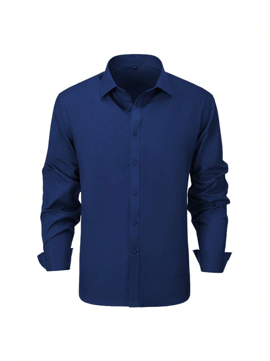 Men's Shirt Solid Color Versatile Banquet Festival Daily Wedding Tuxedo Formal Long-Sleeved Outfit Men Single-Breasted Size XS-XXXL 1PC Fall Clothes For Men - 藏青色 - 查看 1