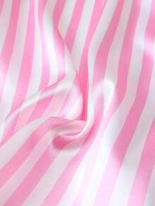 3 件套缎面纯色条纹单排扣领短袖上衣和短裤，女士春夏睡衣家居服套装，适合居家 - 粉色 - 查看 8