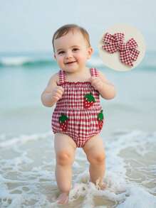 Baby Girl Strawberry Outfit Plaid Smocked Sleeveless Overall Romper Te-Up Headband Cute Summer Clothes 2Pcs Set