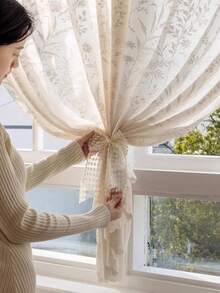 1 pieza Cortina vaporosa de estilo francés sin necesidad de instalación con , translúcida pero no transparente, para dormitorio, sala de estar, ventana de bahía, balcón, protección solar, antipolvo, fácil de quitar - arroz - Ver 6