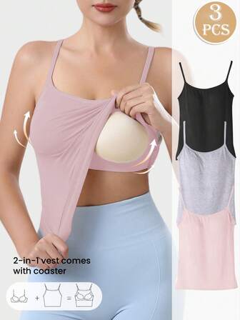 Set de 3 camisetas de mujer de unicolor, suaves y cómodas con sujetador incorporado, con tirantes ajustables, adecuadas para usar en capas y para un uso casual diario