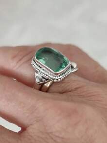 Vintage Elegant Synthetic Green Gemstone Cubic Zirconia Ring, Charming Ladies Silver Birthstone Ring, Wedding Engagement Promise Ring, Gift Size 6-10 - Green - View 3