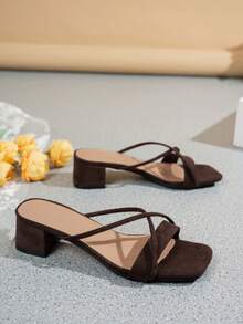 Women's High Heel Sandals, Black High Heels, Black Sandals, Black Shoes, Summer Shoes, Simple High Heels, Chunky Heel Sandals, Lace-Up Sandals, Mule Shoes - Brown - View 5