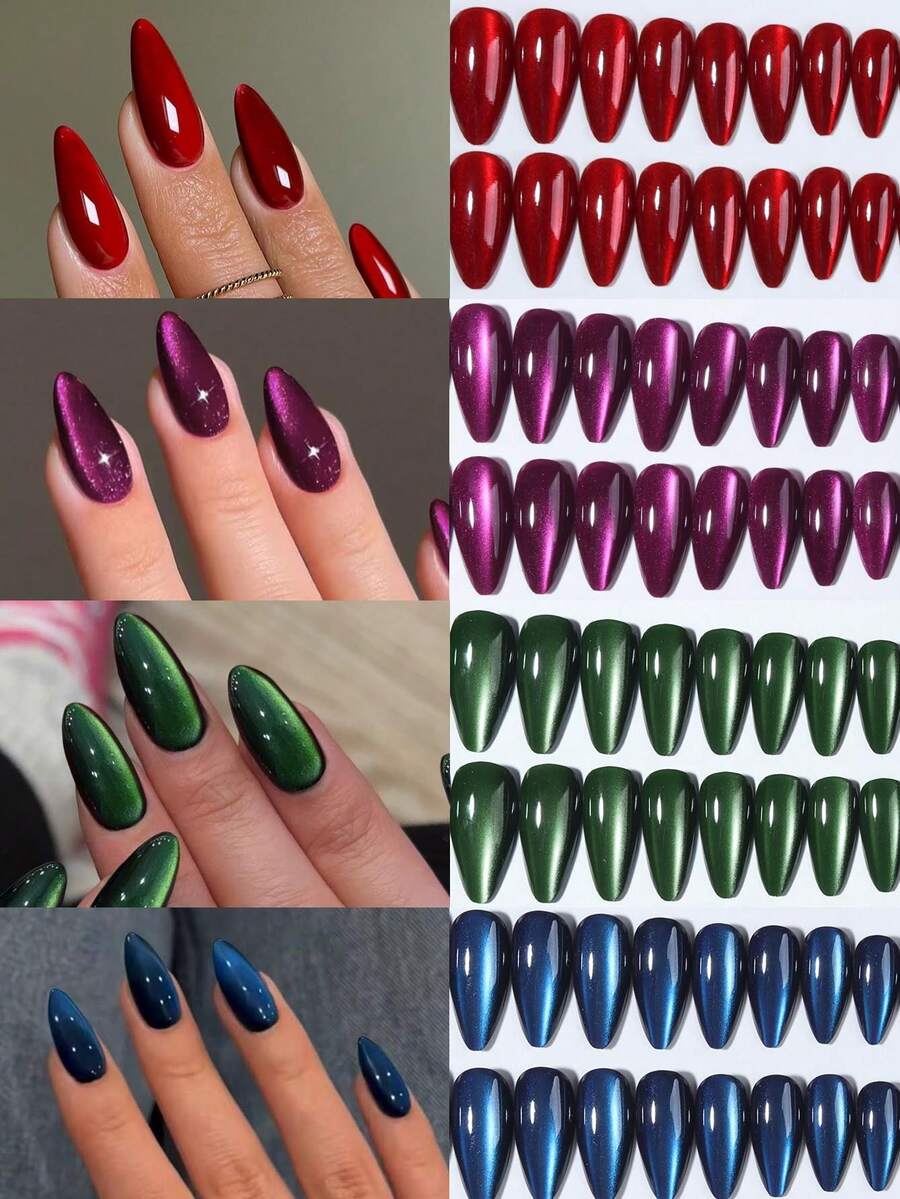 98 miếng (4 kiểu phối hợp) Móng giả dán acrylic hình hạnh nhân dài, bóng bẩy, màu đỏ huyết, mắt mèo, phong cách Y2K, thiết kế móng tay hình hạnh nhân ngắn, bộ móng giả vừa vặn hoàn hảo, bao gồm: 1 gel dán và 1 dũa móng, móng giả mắt mèo màu xanh lá cây, tím, đỏ, xanh dương, hồng, phù hợp cho phụ nữ và bé gái sử dụng hàng ngày, cũng thích hợp cho các bữa tiệc rave và các dịp làm móng nghệ thuật khác. - Nhiều màu - Xem 1