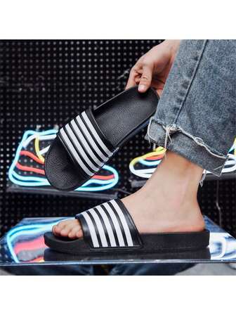 1 Pair Unisex Striped Slides, Non-Slip Lightweight Slippers, Classic 5-Bar Design, Breathable Beach Sandals, Couple Style