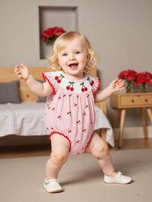 Baby Girls Rompers Cherry Embroidery Round Neck Fly Sleeve Infant Fashion Bodysuits Jumpsuits - Pink - View 8